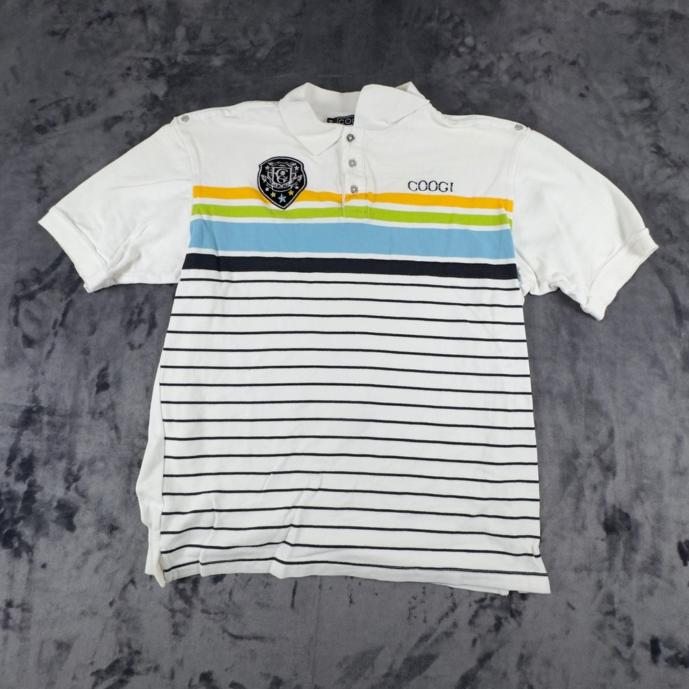 Coogi Polo Shirt Mens XL White Striped Embroidered Crest Short Sleeve Cotton